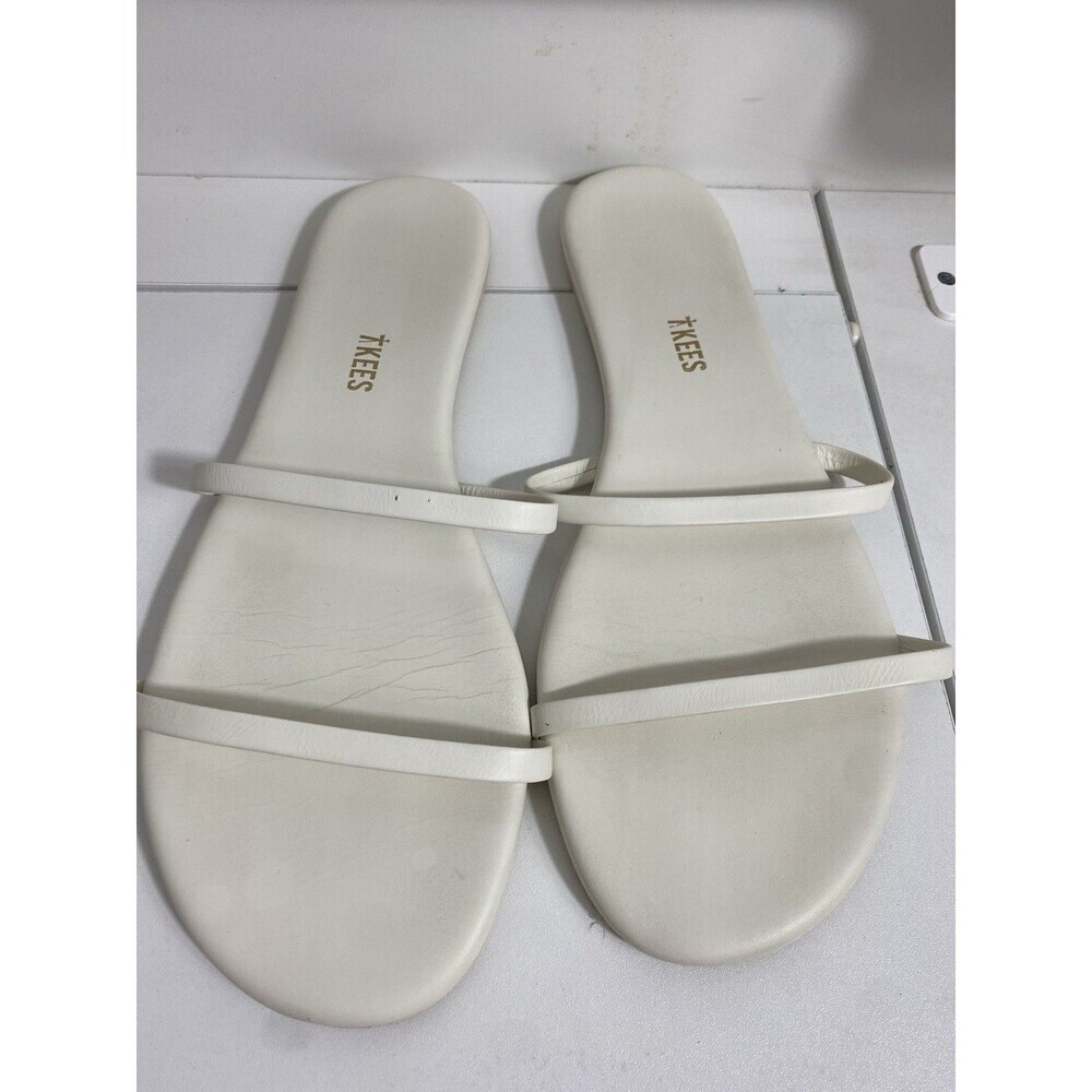 TKEES Sandals Womens Size 11 White Leather Slide Strappy Flat Summer Casual
